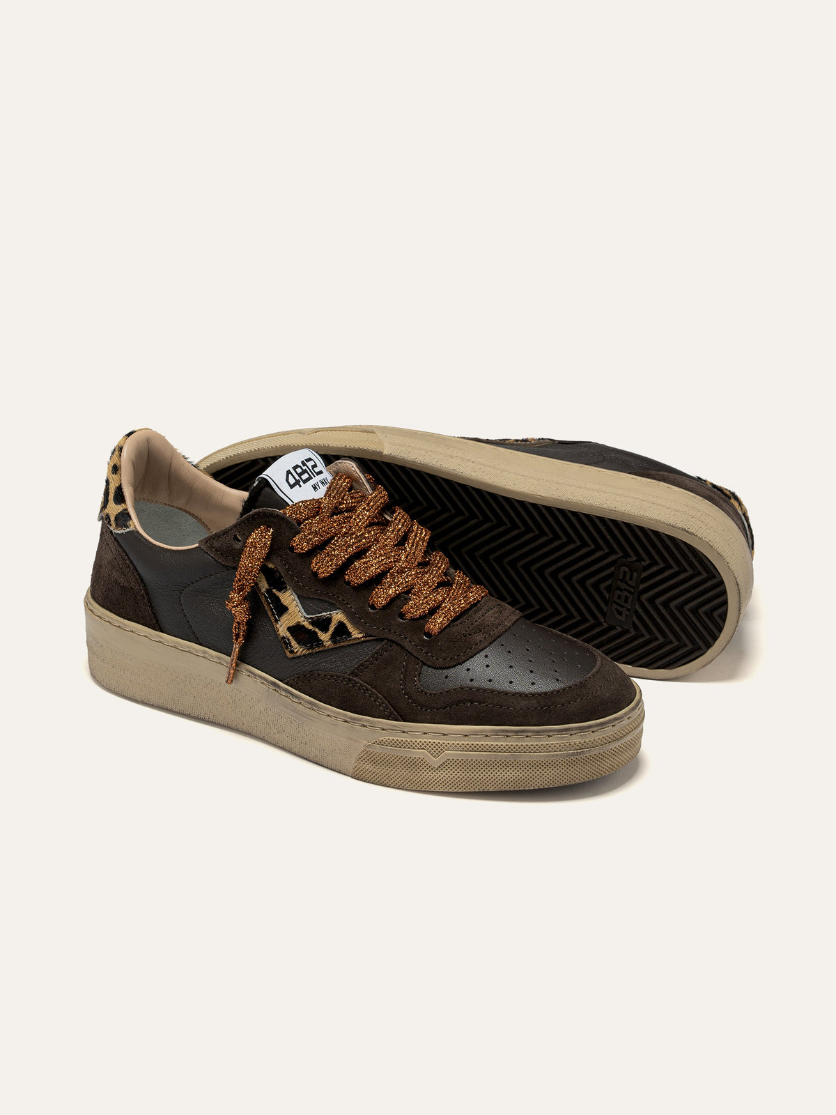 HYPER Sneakers in Leather, Brown Suede and Leopard