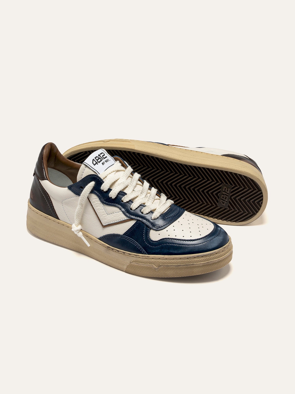 Sneaker HYPER in Pelle Bianca, Navy e Marrone