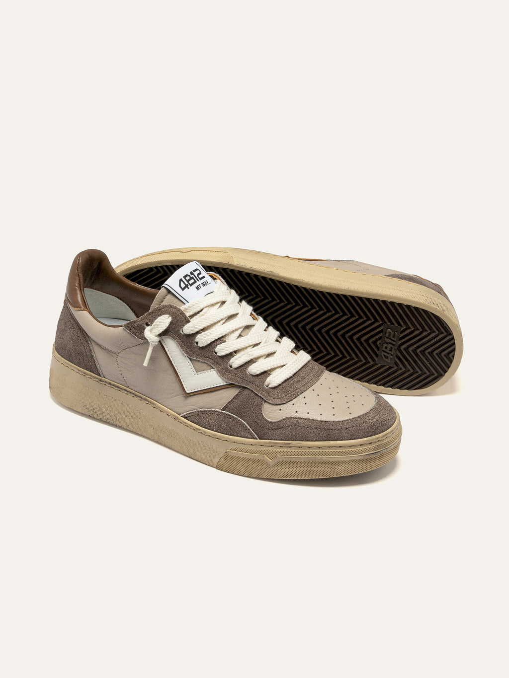 HYPER Sneakers in Beige Leather with Taupe and White Suede