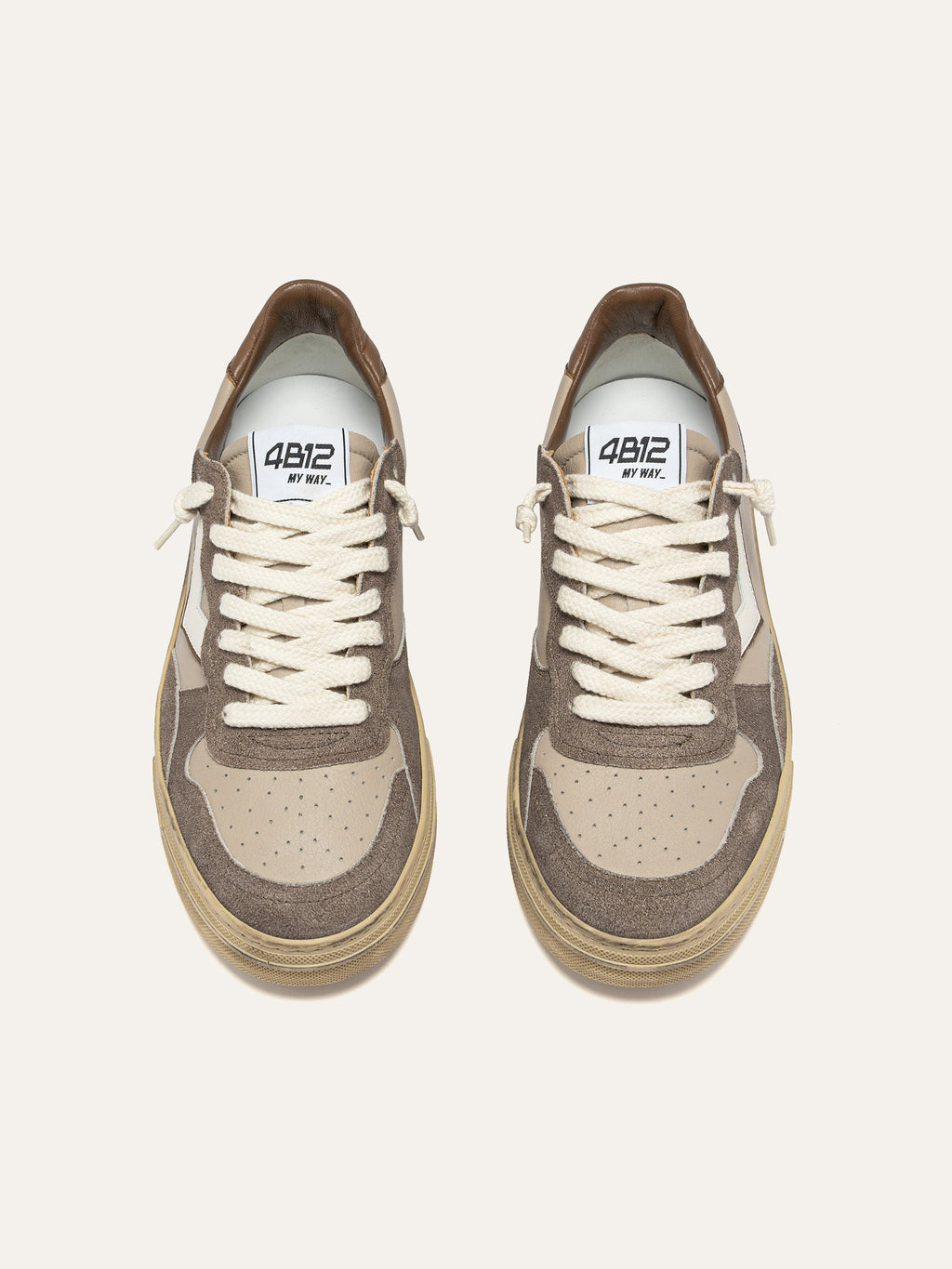 HYPER Sneakers in Beige Leather with Taupe and White Suede