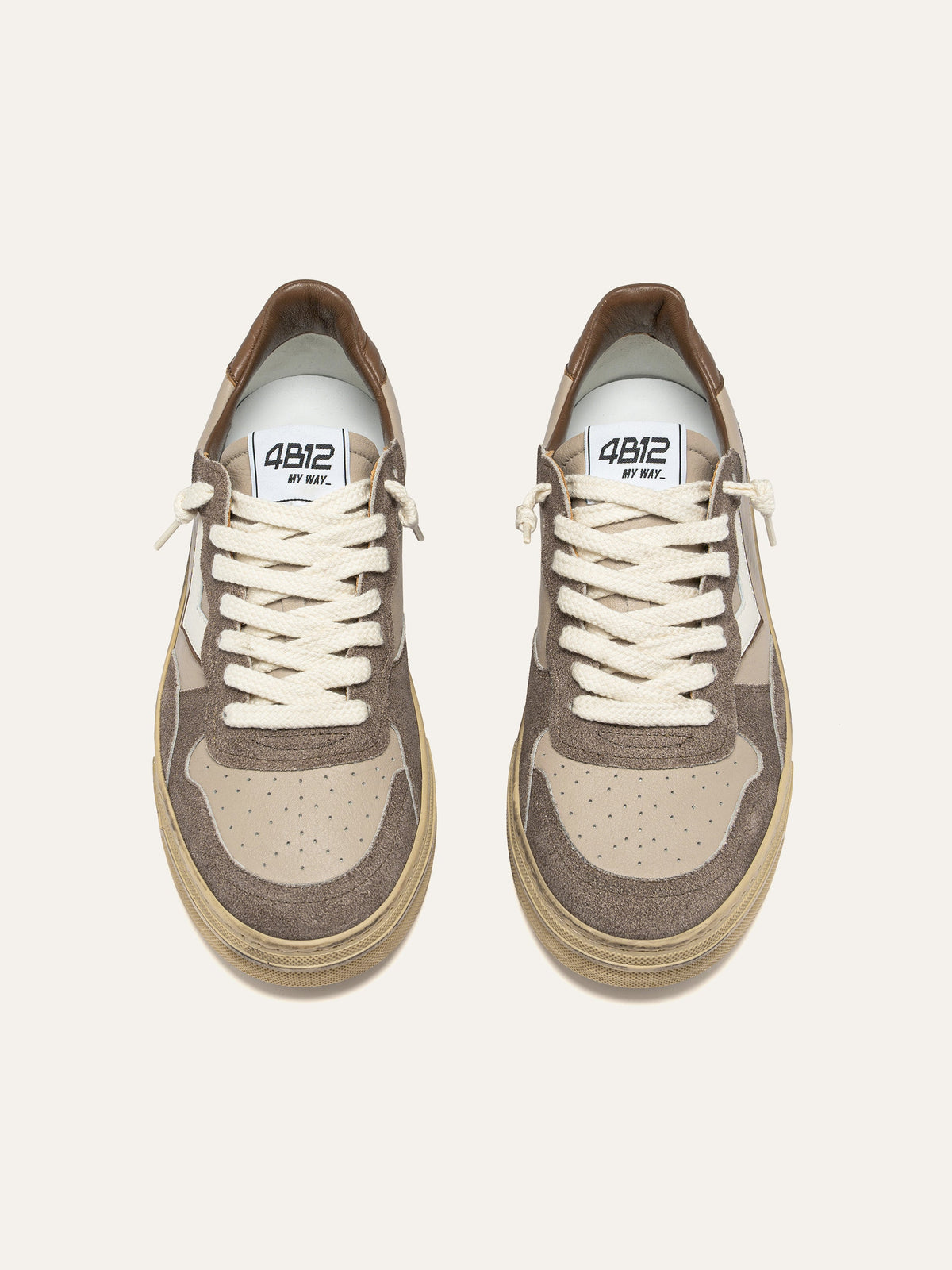 HYPER Sneakers in Beige Leather with Taupe and White Suede