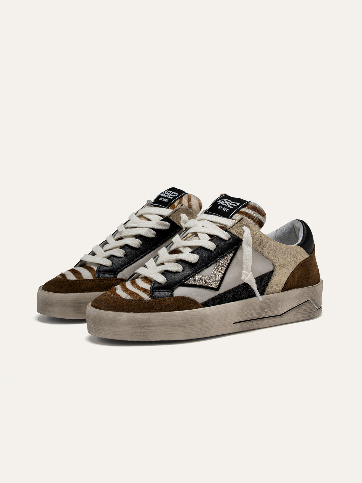 Sneaker KYLE in Pelle Bianca con Glitter e Dettagli Animalier