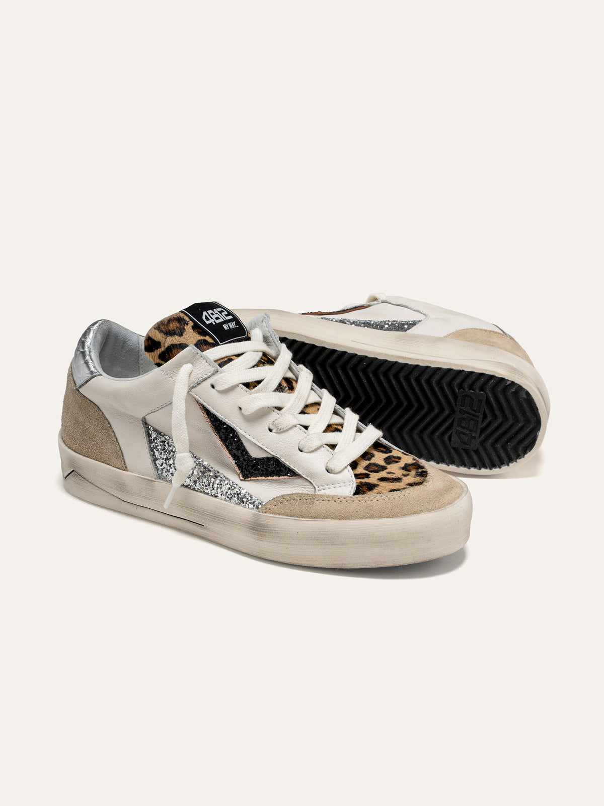 KYLE Sneakers in White Leather with Silver Glitter and Leopard Print Details