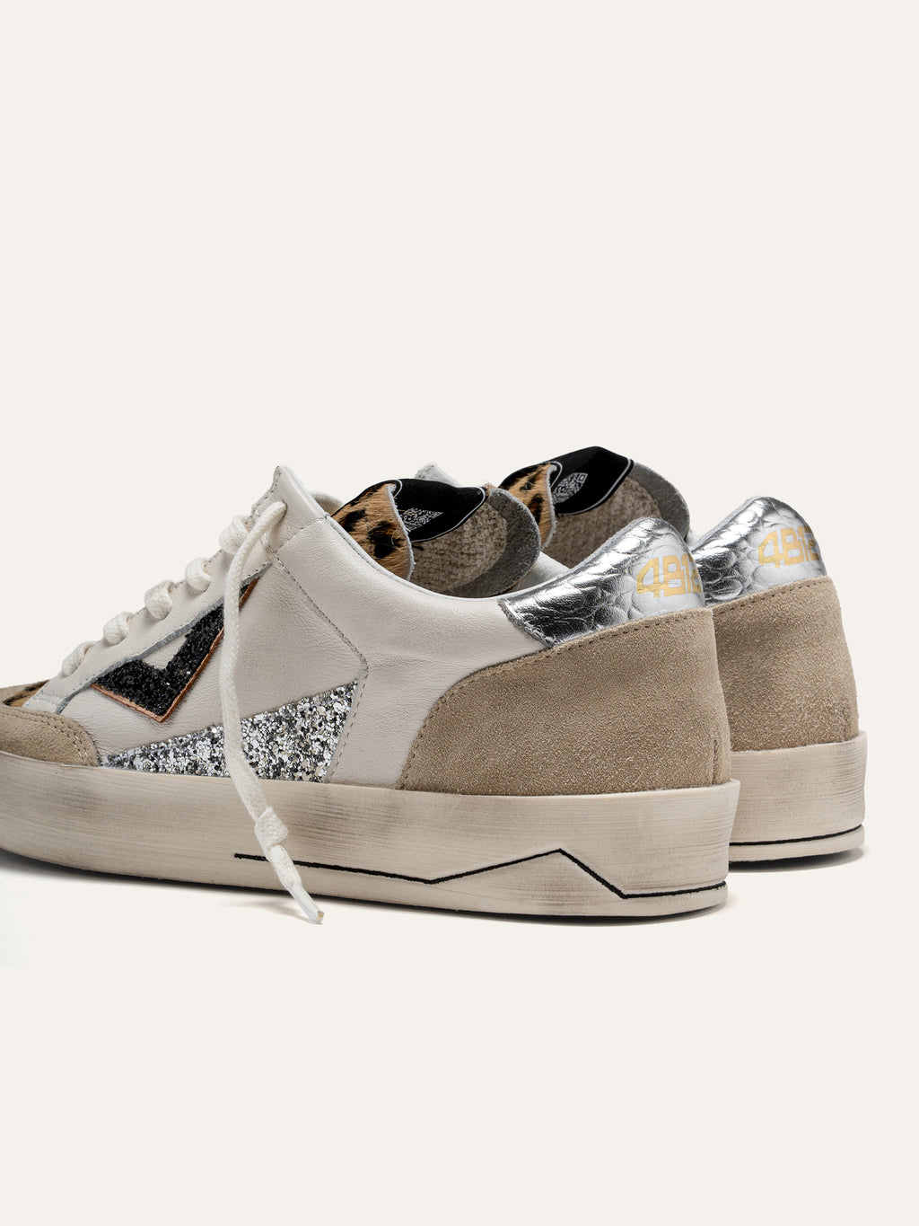 KYLE Sneakers in White Leather with Silver Glitter and Leopard Print Details