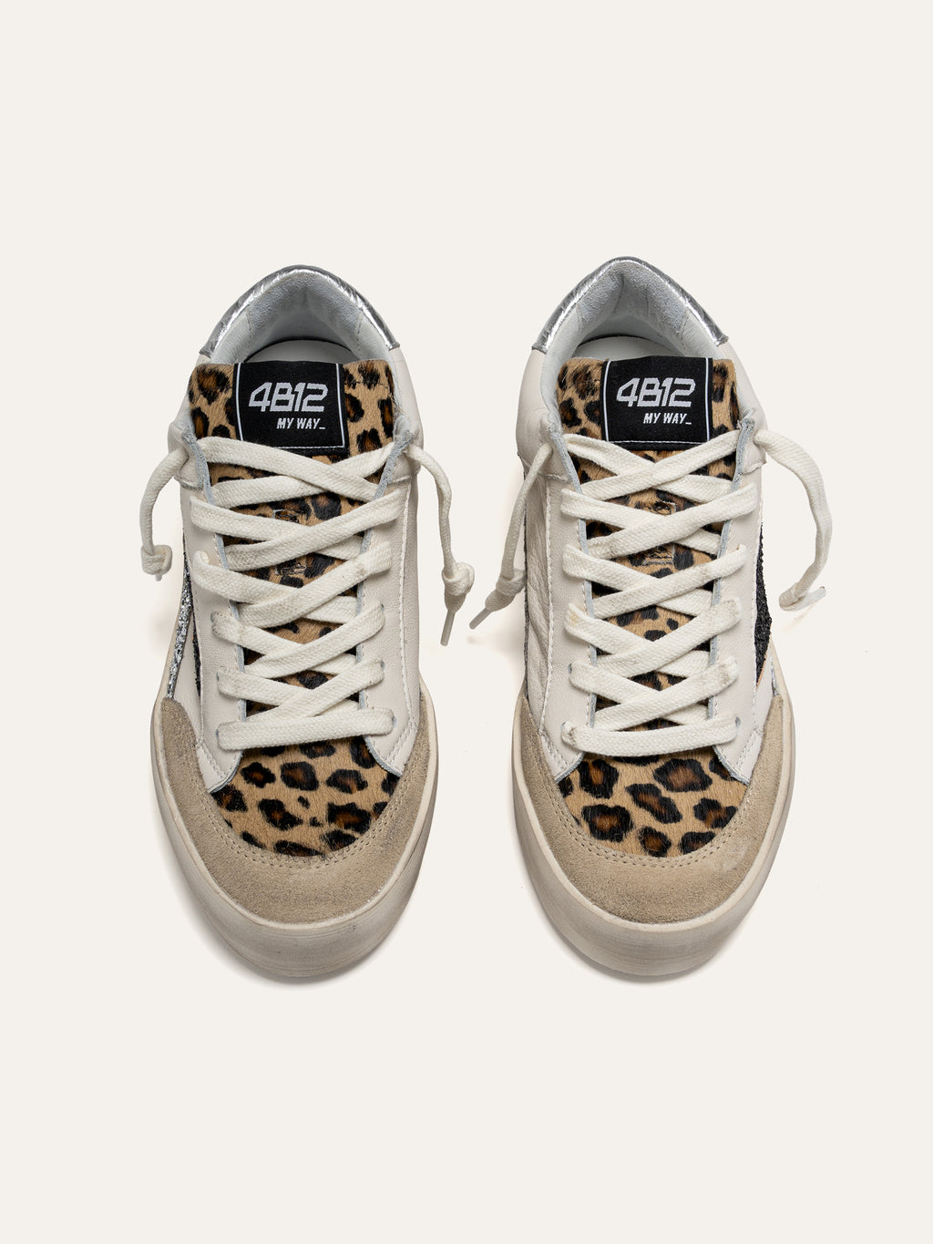 KYLE Sneakers in White Leather with Silver Glitter and Leopard Print Details