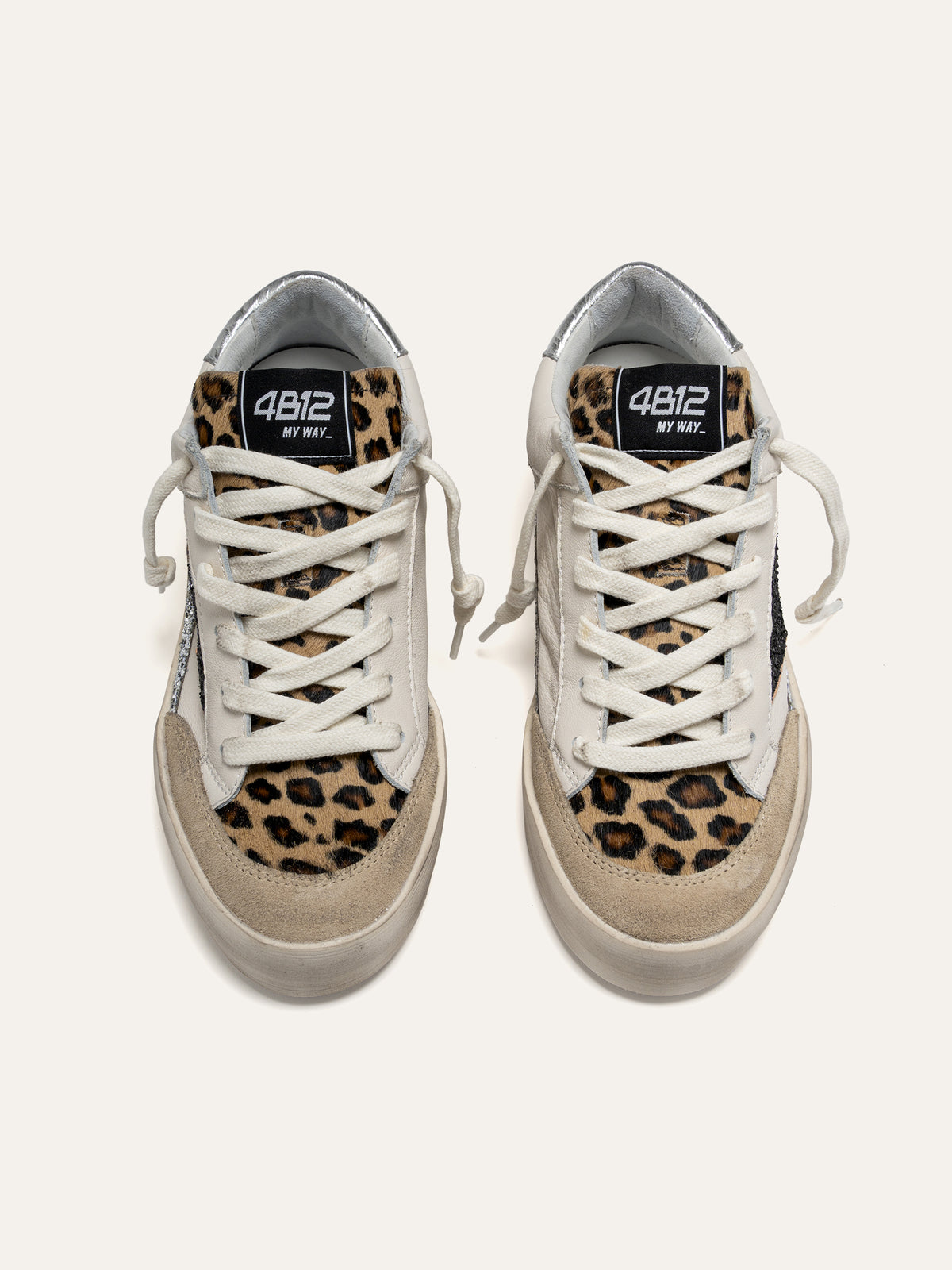 KYLE Sneakers in White Leather with Silver Glitter and Leopard Print Details