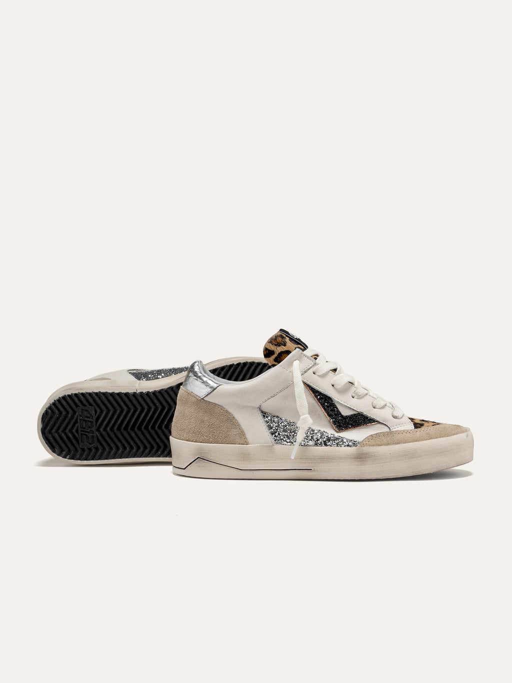 KYLE Sneakers in White Leather with Silver Glitter and Leopard Print Details