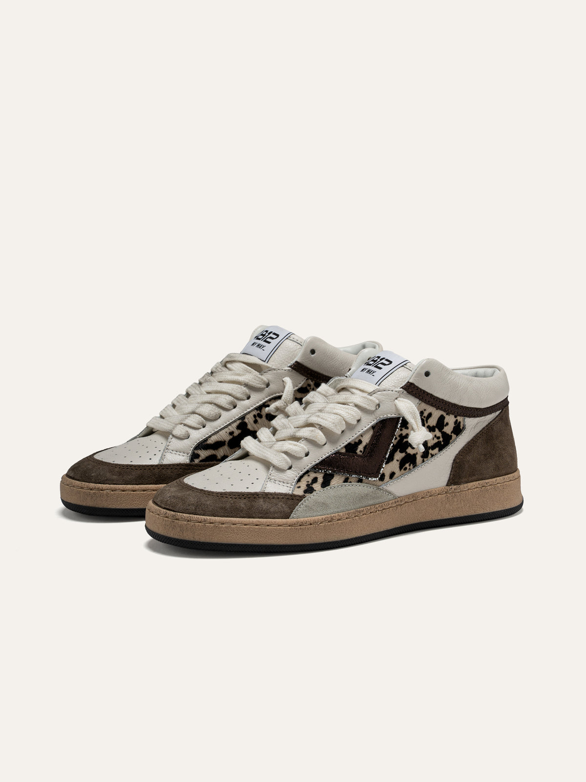 Sneaker PLAYMID in Pelle Bianca e Camoscio Marrone con Cavallino Maculato