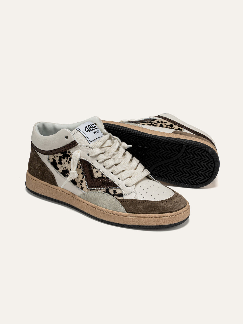 PLAYMID Sneakers in White Leather and Brown Suede with Spotted Calf Hair