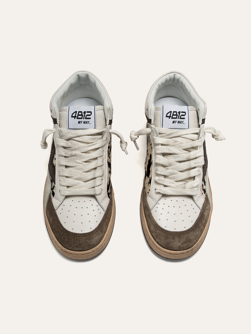 PLAYMID Sneakers in White Leather and Brown Suede with Spotted Calf Hair
