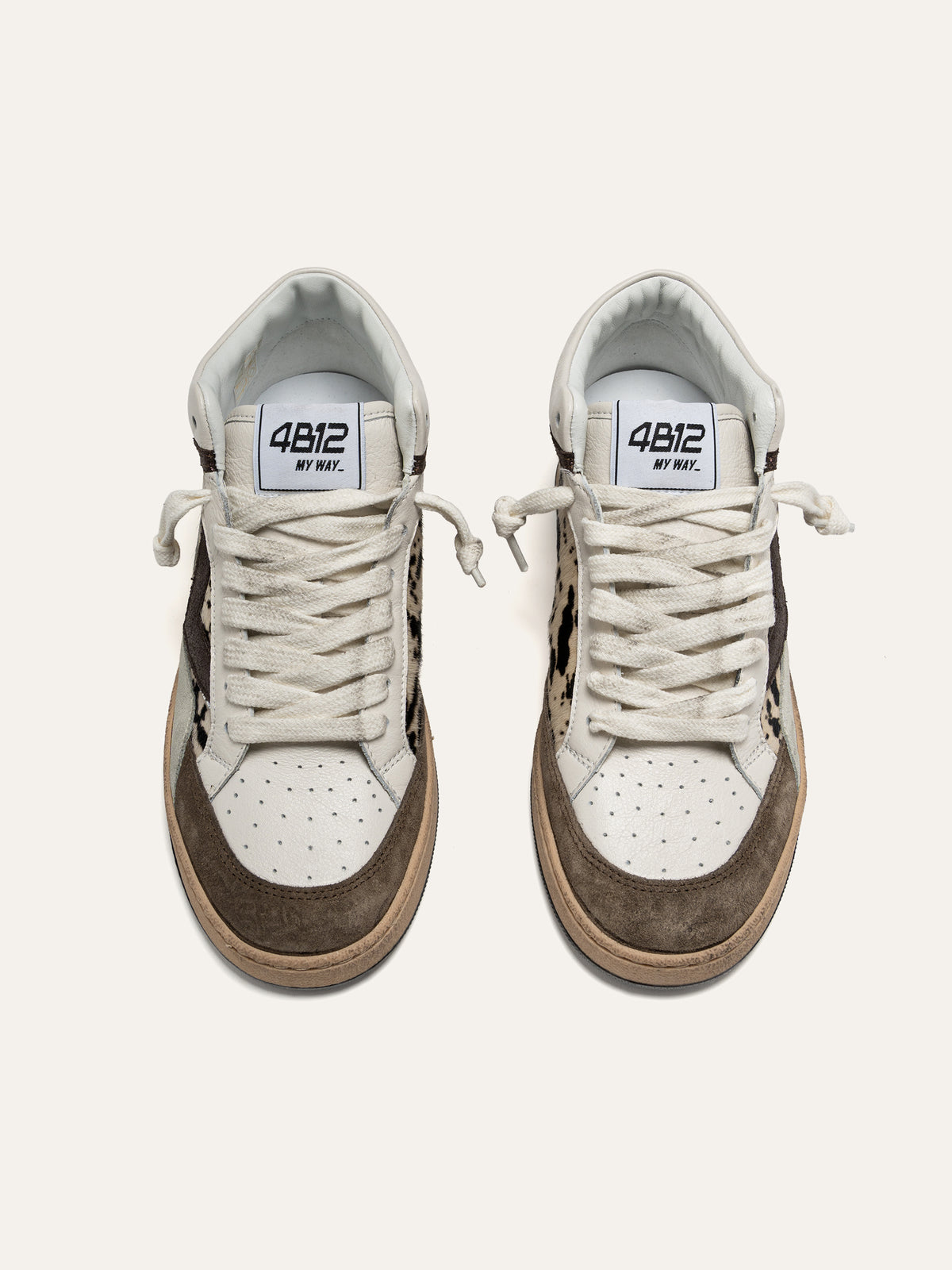 PLAYMID Sneakers in White Leather and Brown Suede with Spotted Calf Hair