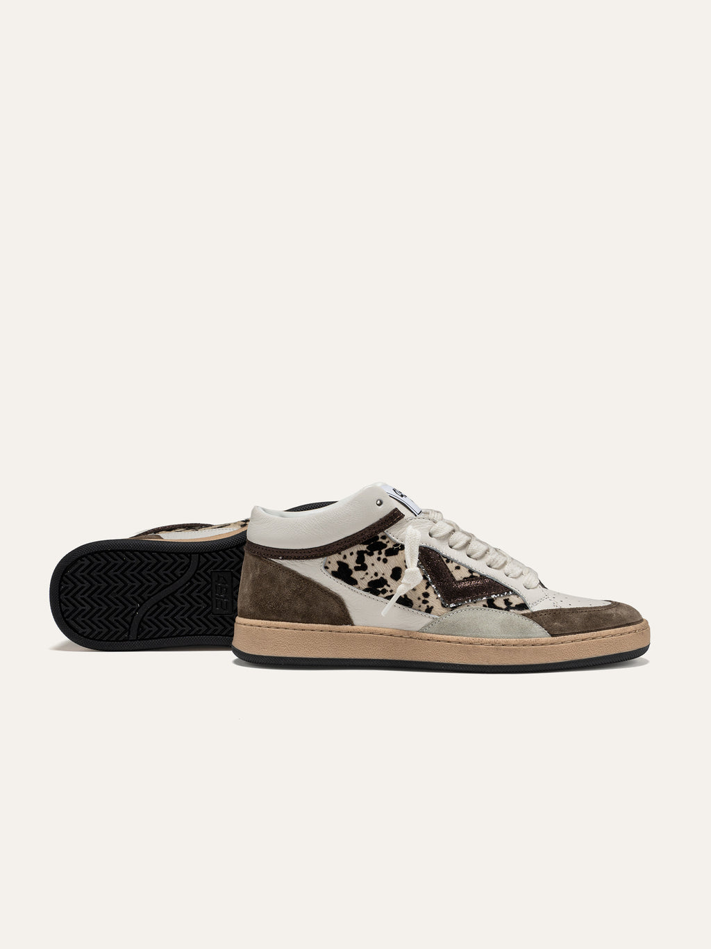 PLAYMID Sneakers in White Leather and Brown Suede with Spotted Calf Hair