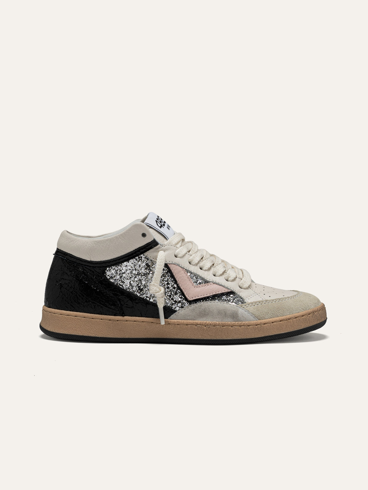 Sneaker PLAYMID in Pelle Bianca con Glitter Argento e Rosa