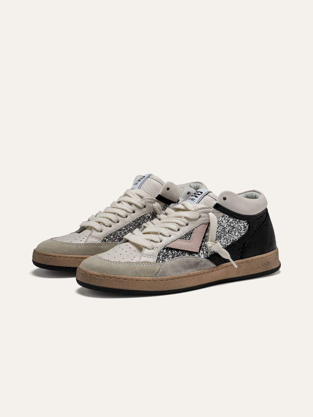 PLAYMID Sneakers in White Leather with Silver Glitter and Pink Details