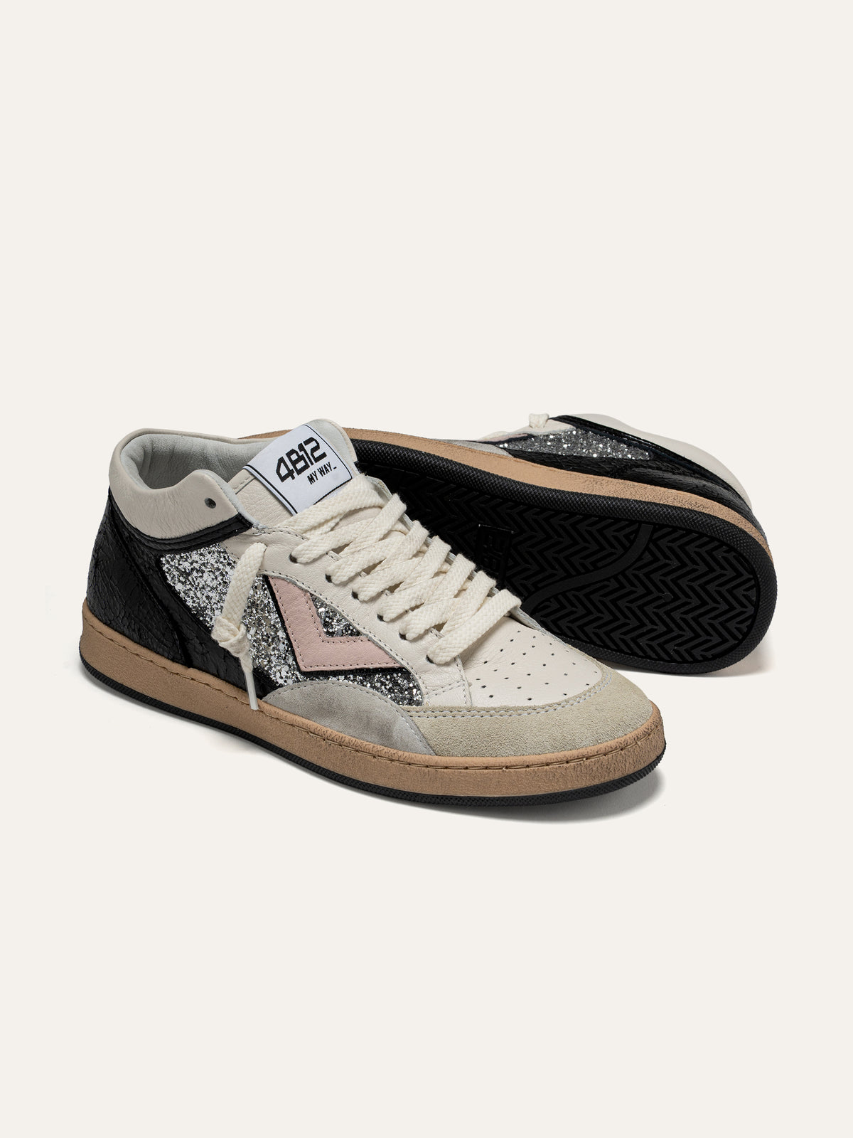 PLAYMID Sneakers in White Leather with Silver Glitter and Pink Details