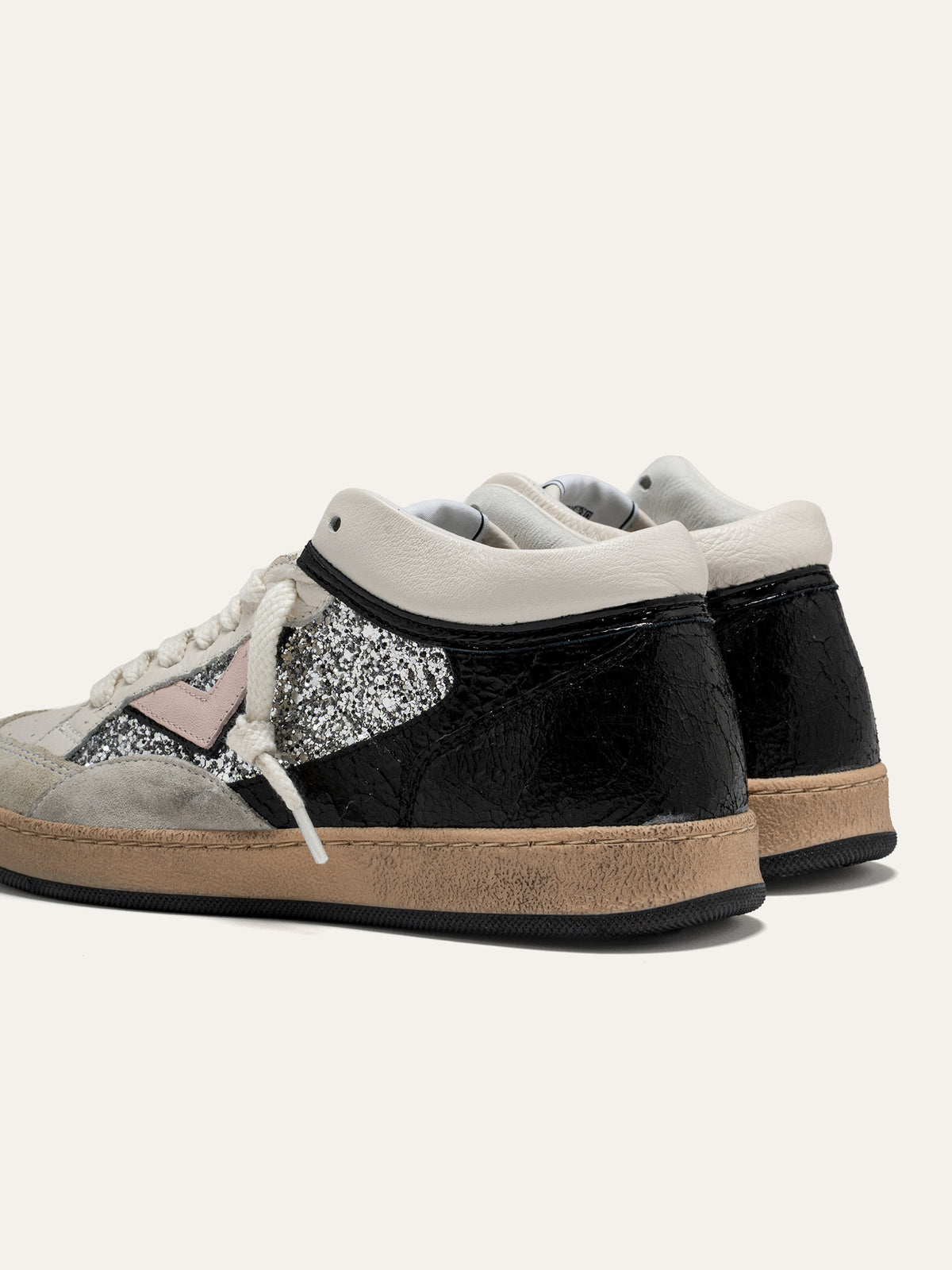PLAYMID Sneakers in White Leather with Silver Glitter and Pink Details