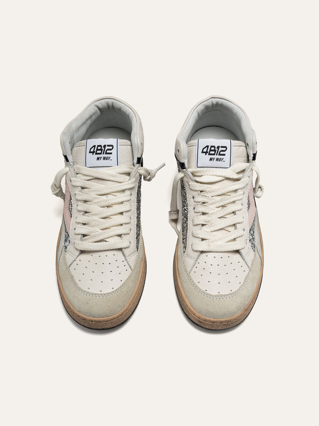 PLAYMID Sneakers in White Leather with Silver Glitter and Pink Details