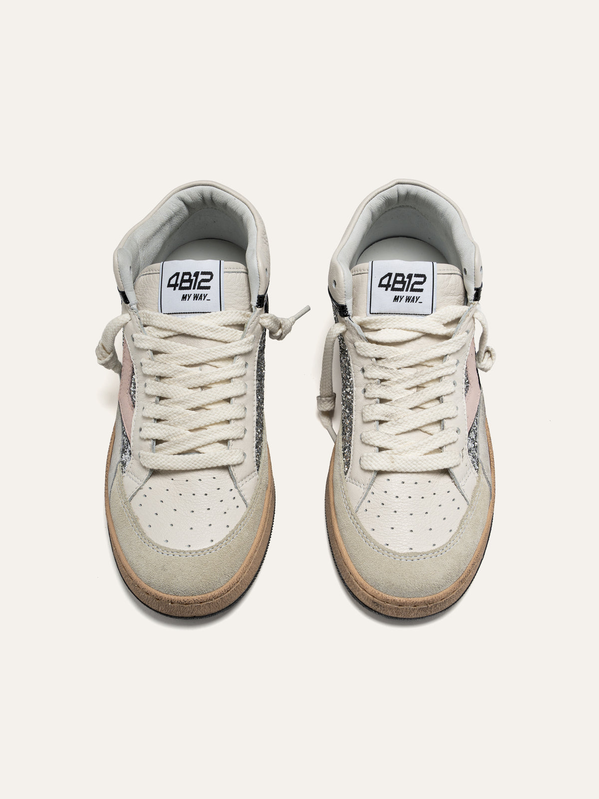 PLAYMID Sneakers in White Leather with Silver Glitter and Pink Details