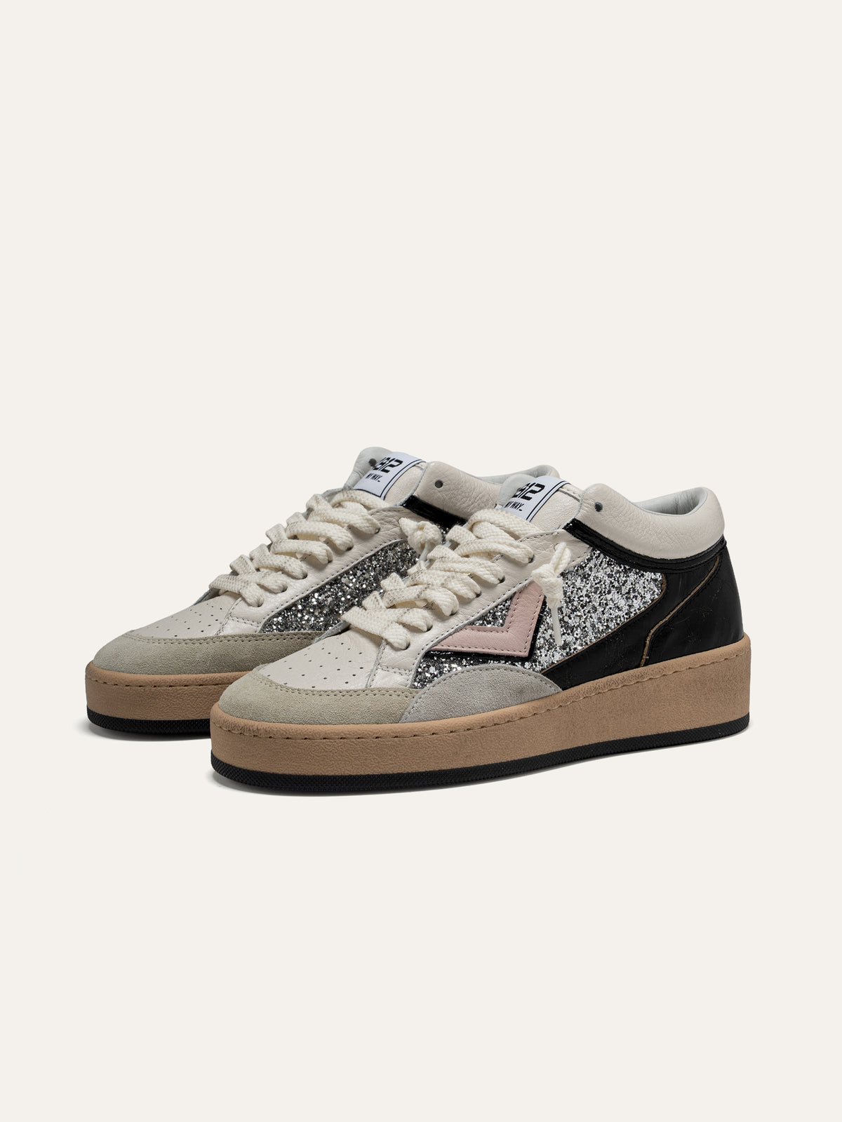Sneaker PLAYMID SKY in Pelle Bianca con Glitter Argento e Rosa