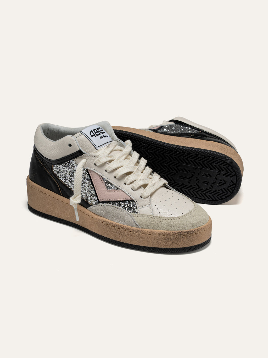 Sneaker PLAYMID SKY in Pelle Bianca con Glitter Argento e Rosa