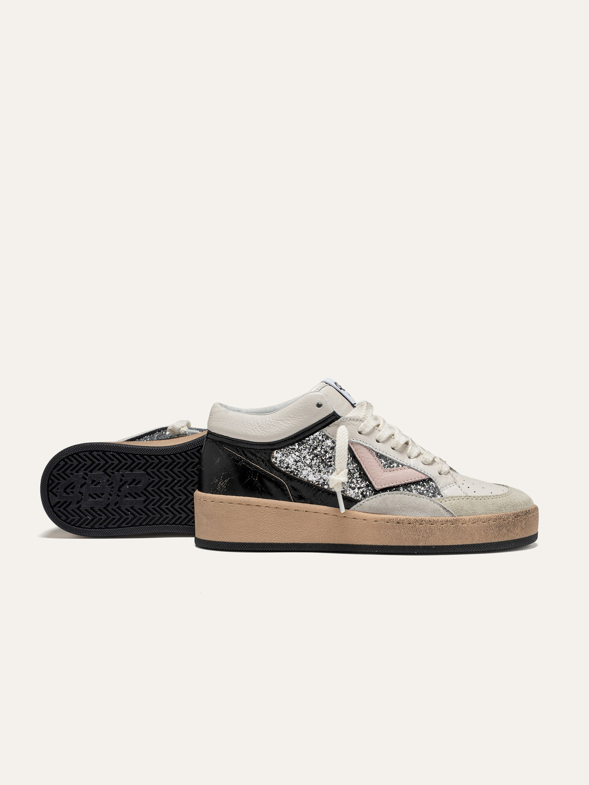 Sneaker PLAYMID SKY in Pelle Bianca con Glitter Argento e Rosa