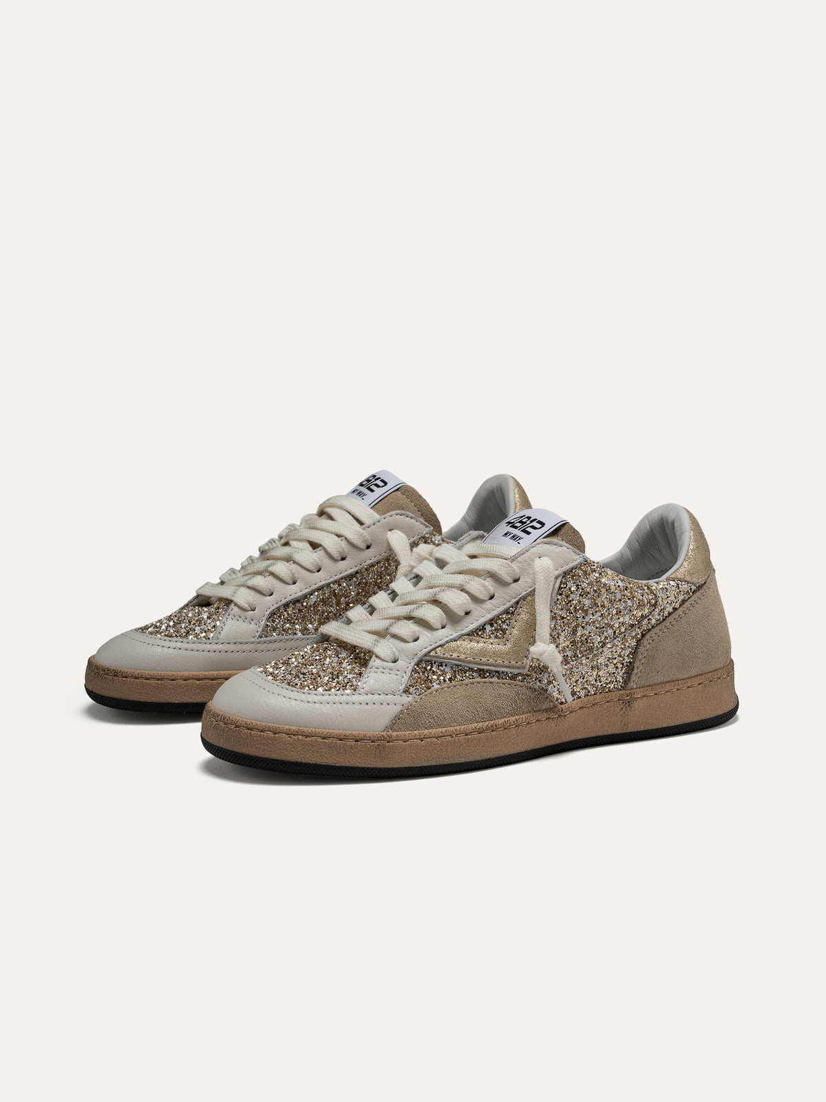 Baskets PLAYNEW en Cuir Blanc avec Paillettes Dorées