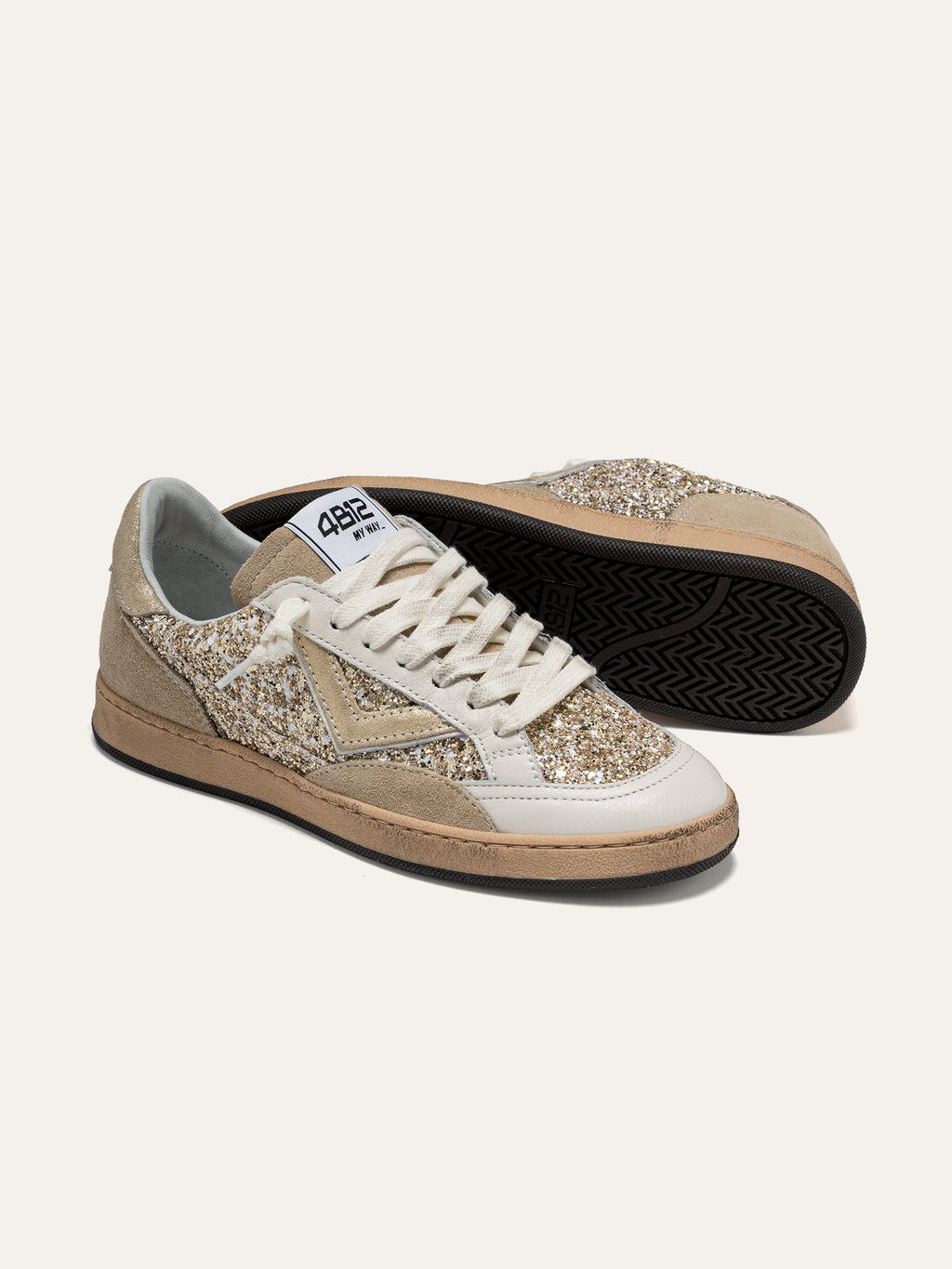 Baskets PLAYNEW en Cuir Blanc avec Paillettes Dorées