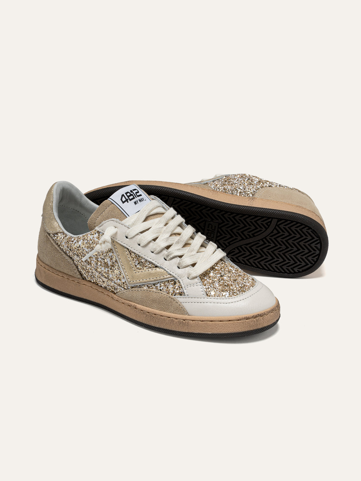 Baskets PLAYNEW en Cuir Blanc avec Paillettes Dorées