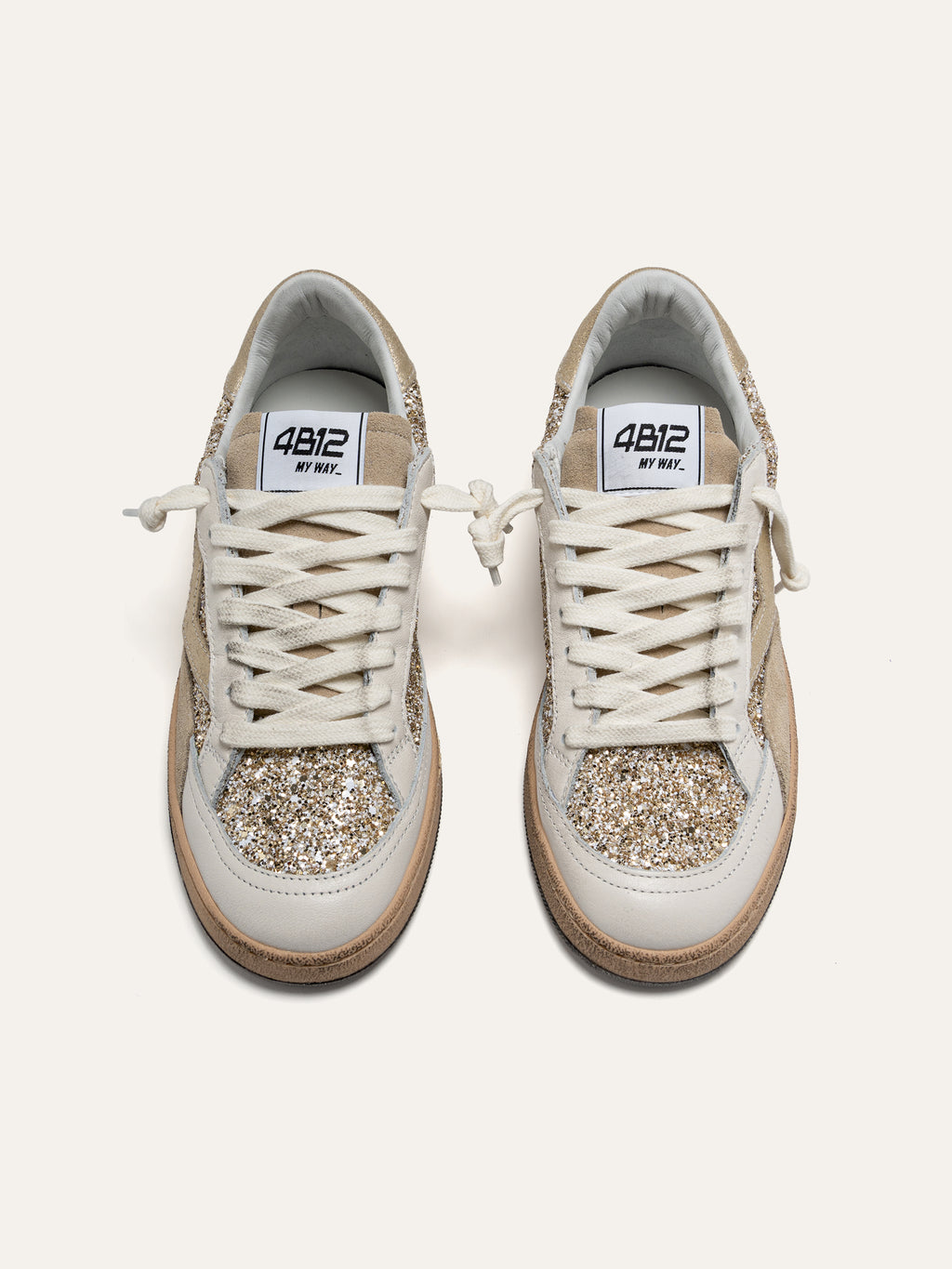 Baskets PLAYNEW en Cuir Blanc avec Paillettes Dorées