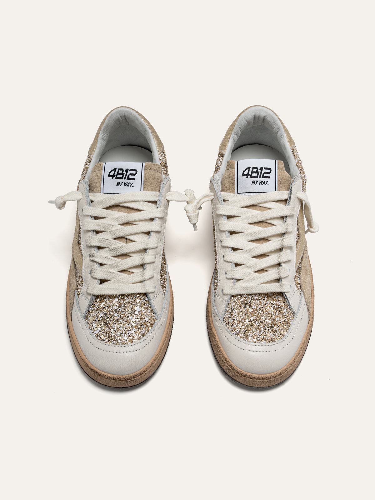 Baskets PLAYNEW en Cuir Blanc avec Paillettes Dorées
