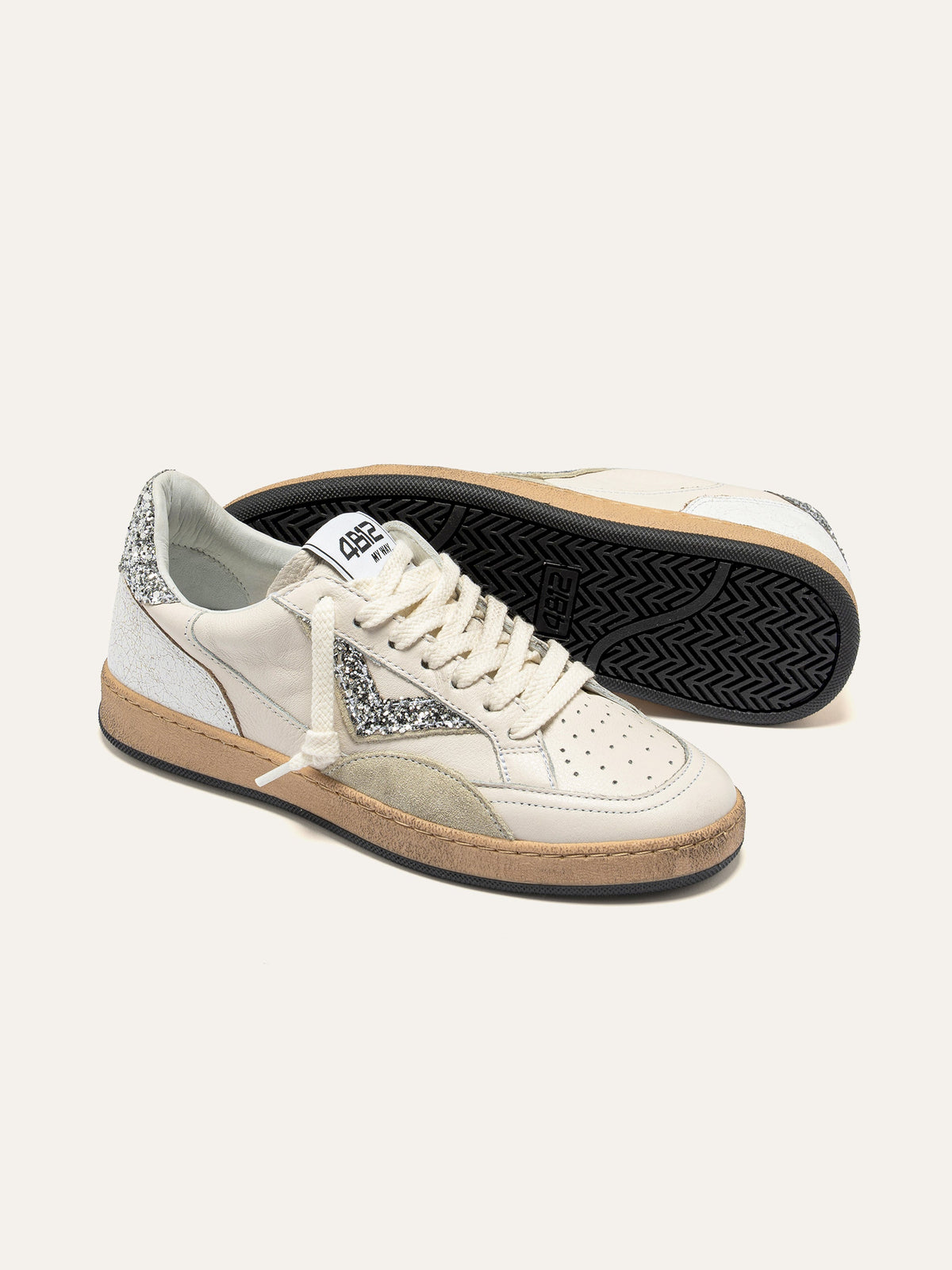 PLAYNEW Sneakers in White Leather and Silver Glitter
