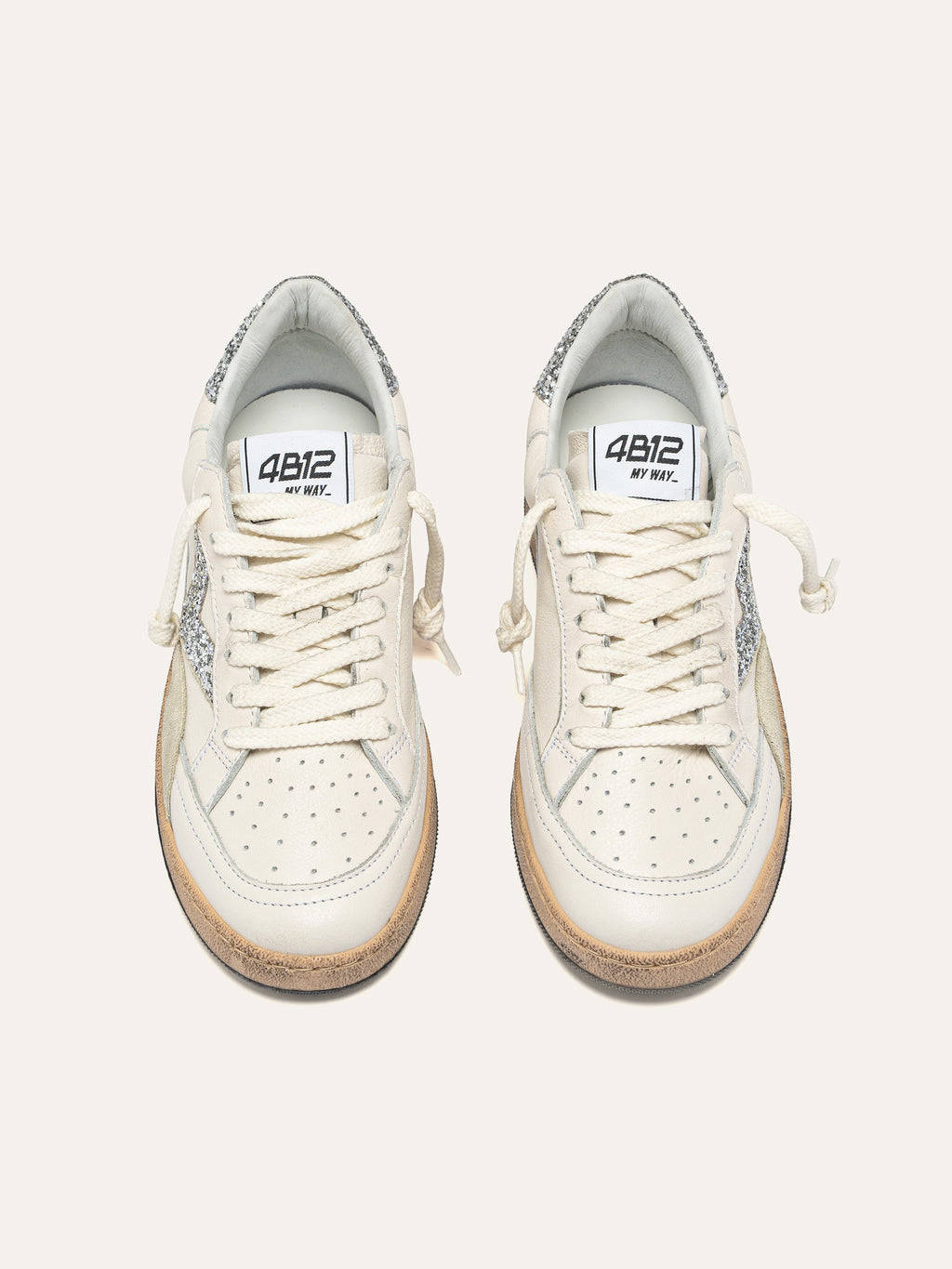 PLAYNEW Sneakers in White Leather and Silver Glitter