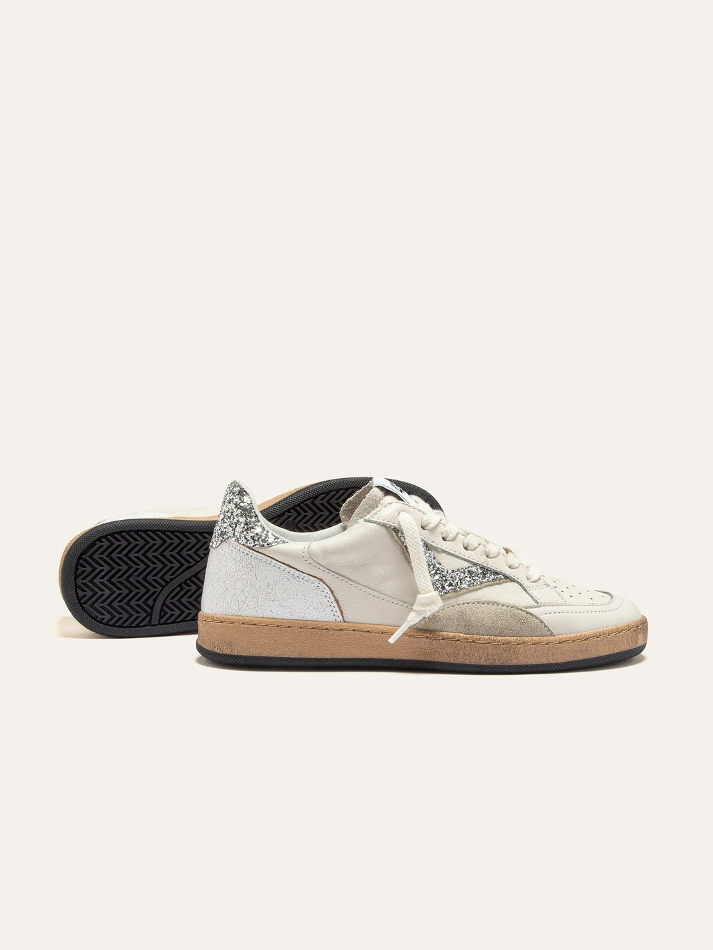 PLAYNEW Sneakers in White Leather and Silver Glitter