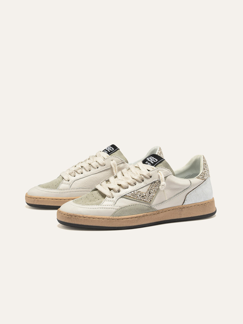 PLAYNEW Sneakers in White Leather and Champagne Glitter