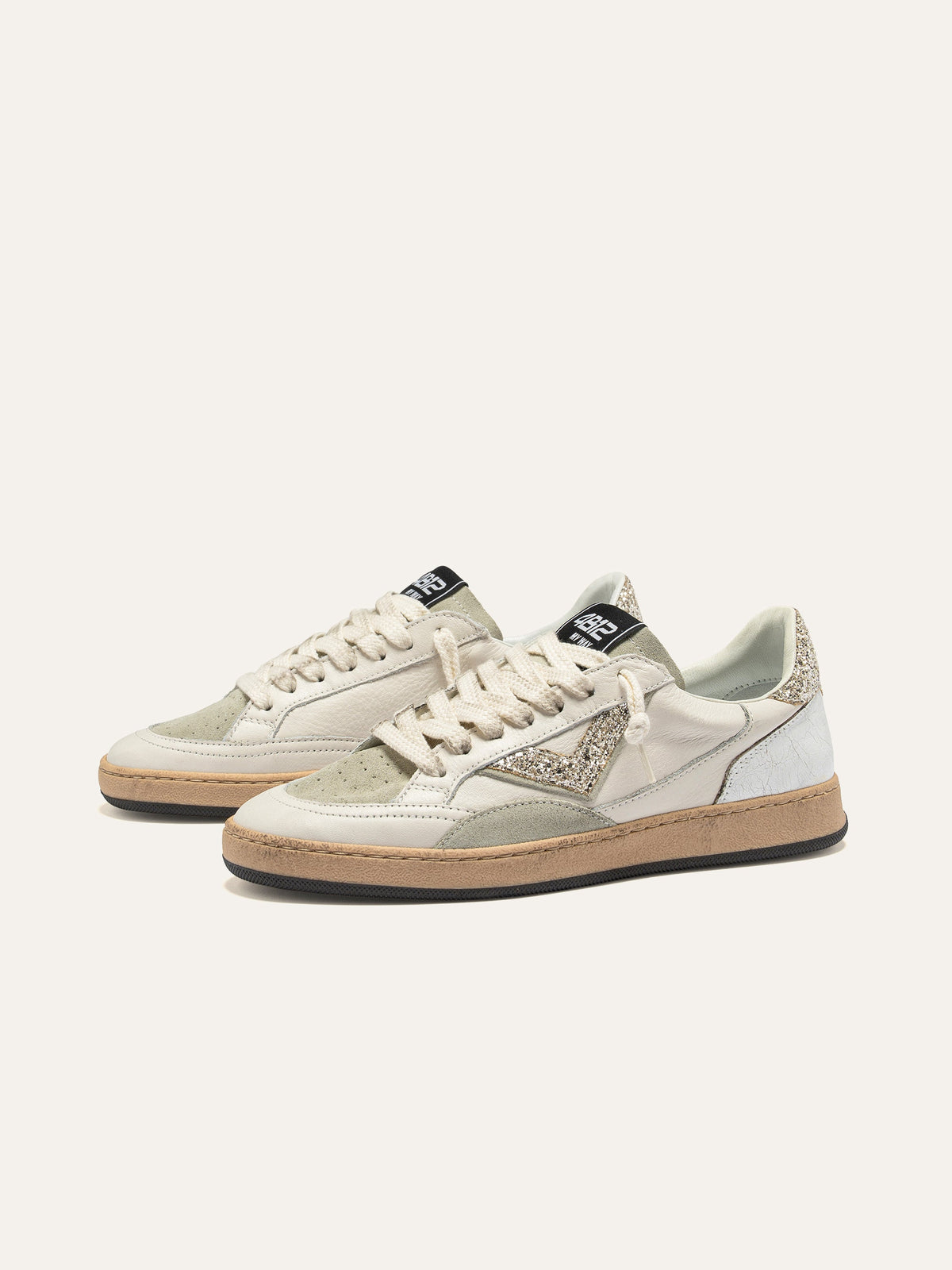 PLAYNEW Sneakers in White Leather and Champagne Glitter