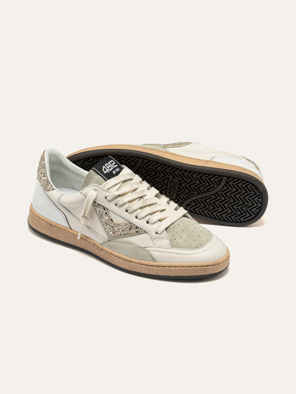 PLAYNEW Sneakers in White Leather and Champagne Glitter