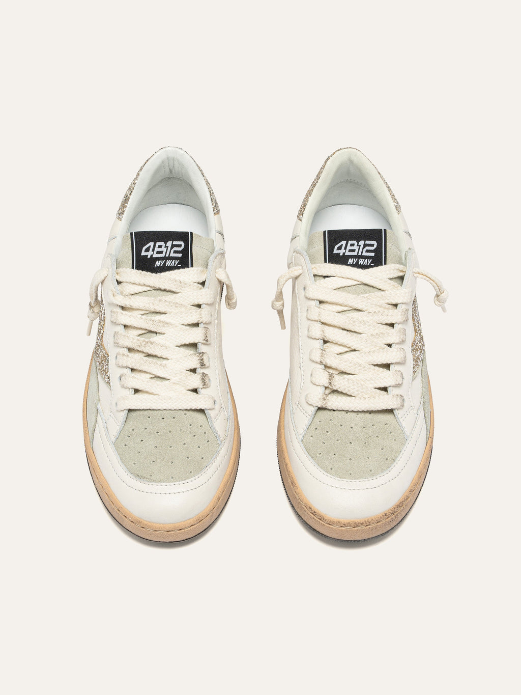 PLAYNEW Sneakers in White Leather and Champagne Glitter