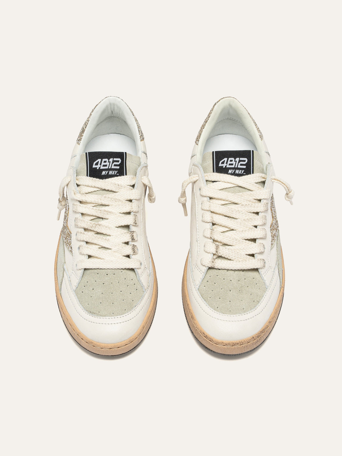 PLAYNEW Sneakers in White Leather and Champagne Glitter
