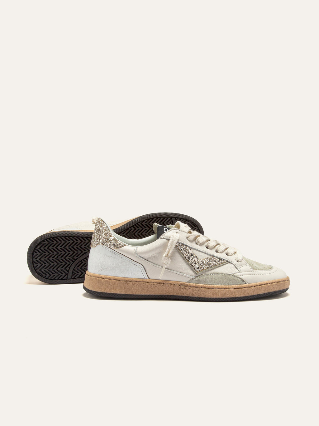 PLAYNEW Sneakers in White Leather and Champagne Glitter