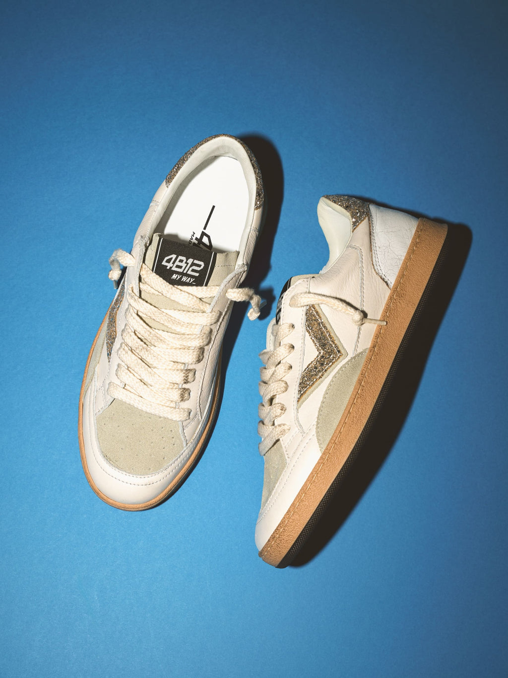 PLAYNEW Sneakers in White Leather and Champagne Glitter