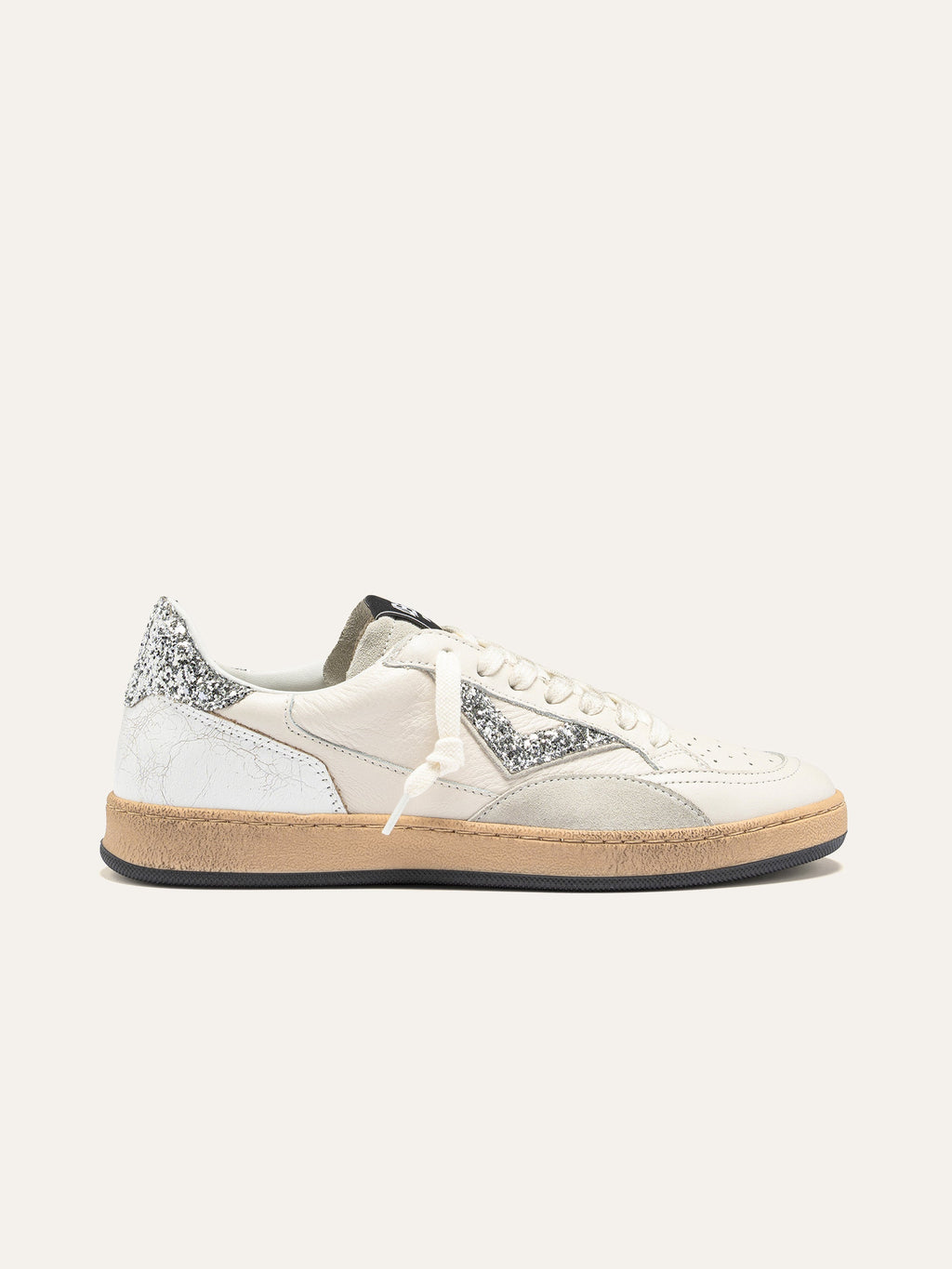 PLAYNEW Sneakers in White Leather and Silver Glitter