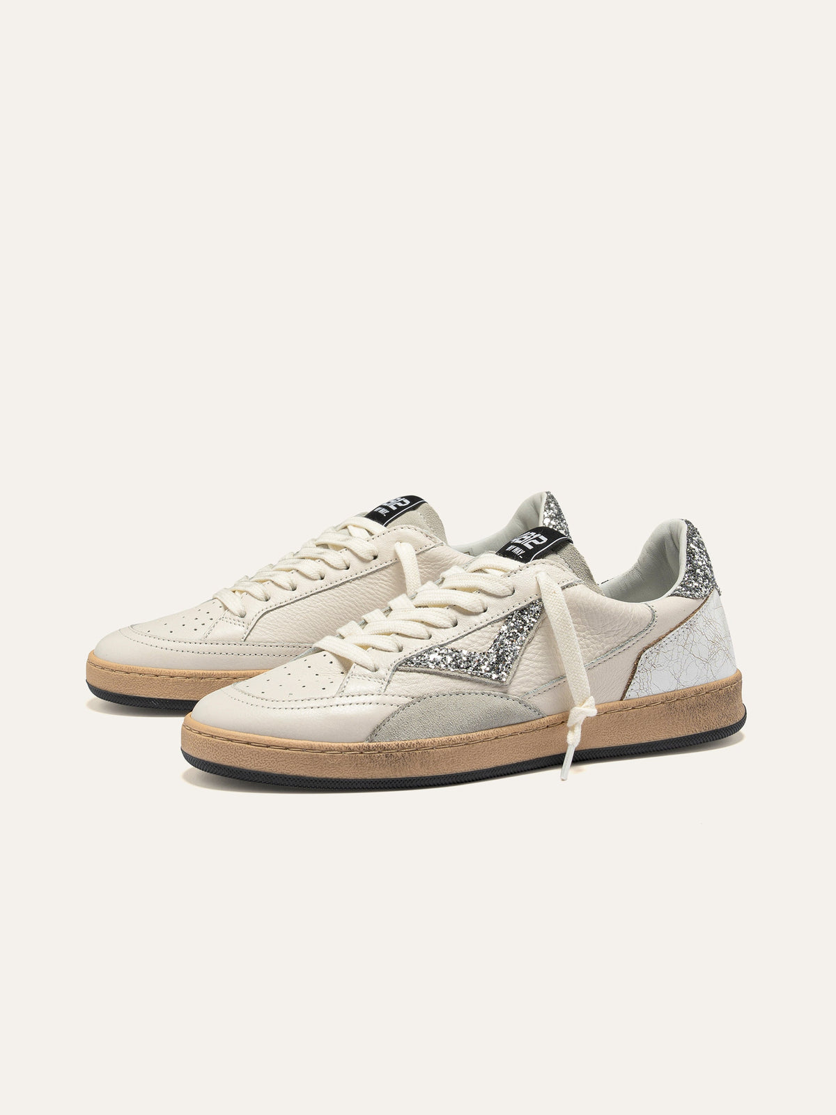 PLAYNEW Sneakers in White Leather and Silver Glitter