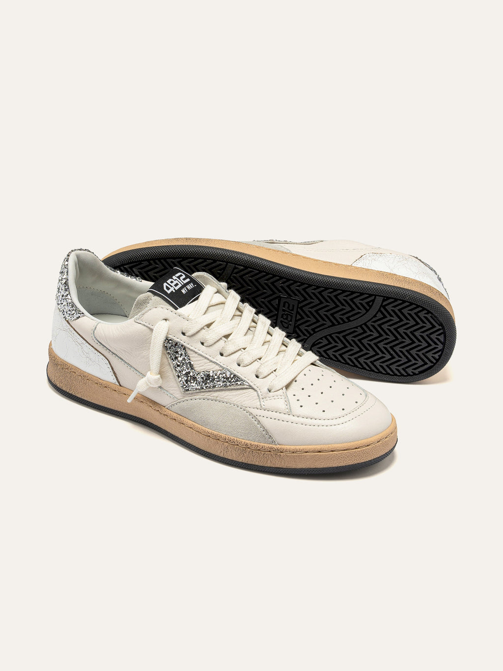 PLAYNEW Sneakers in White Leather and Silver Glitter