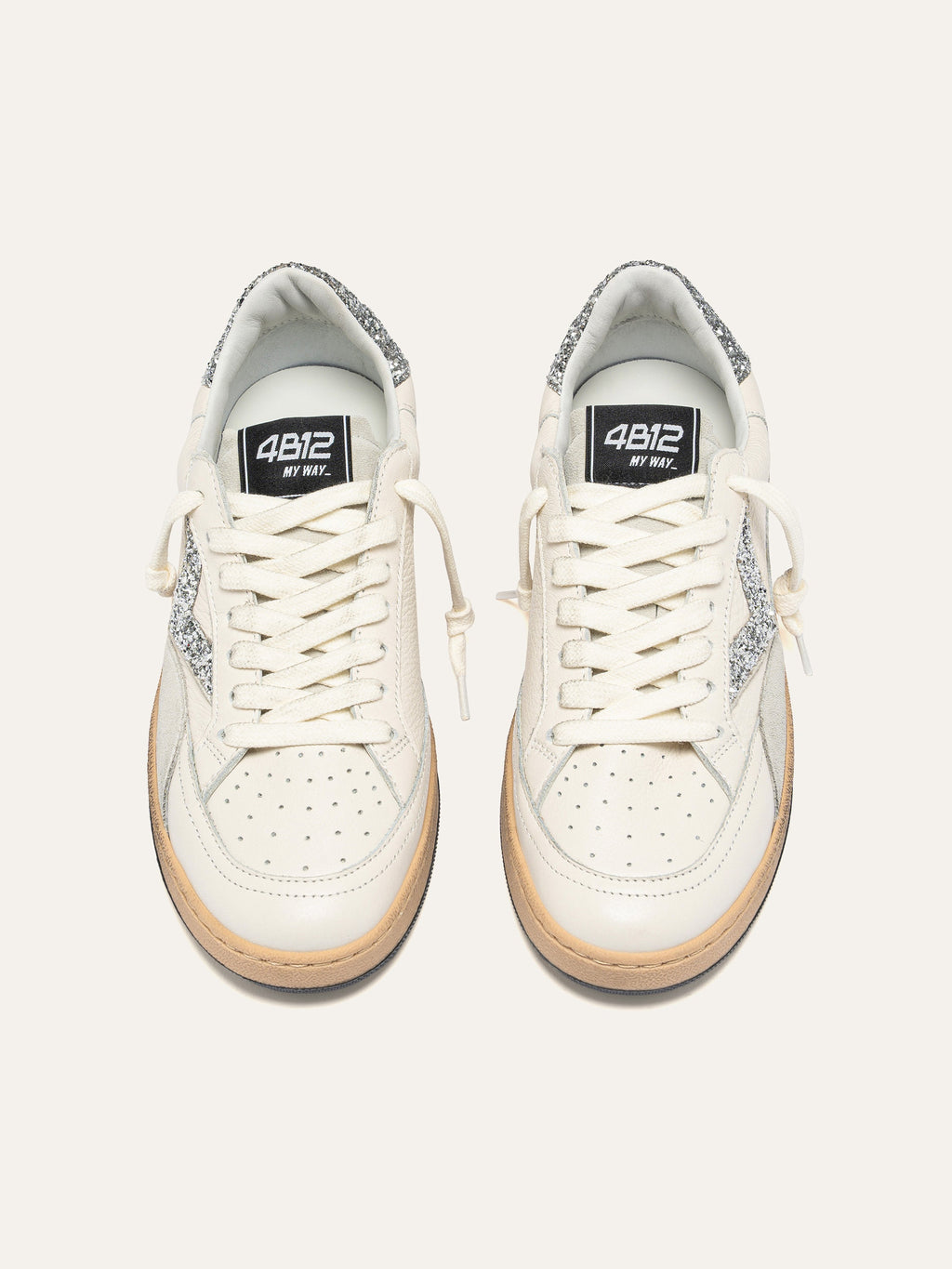PLAYNEW Sneakers in White Leather and Silver Glitter