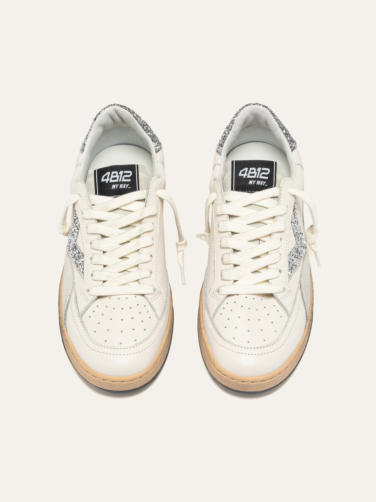 PLAYNEW Sneakers in White Leather and Silver Glitter