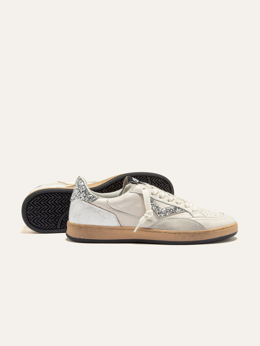 PLAYNEW Sneakers in White Leather and Silver Glitter