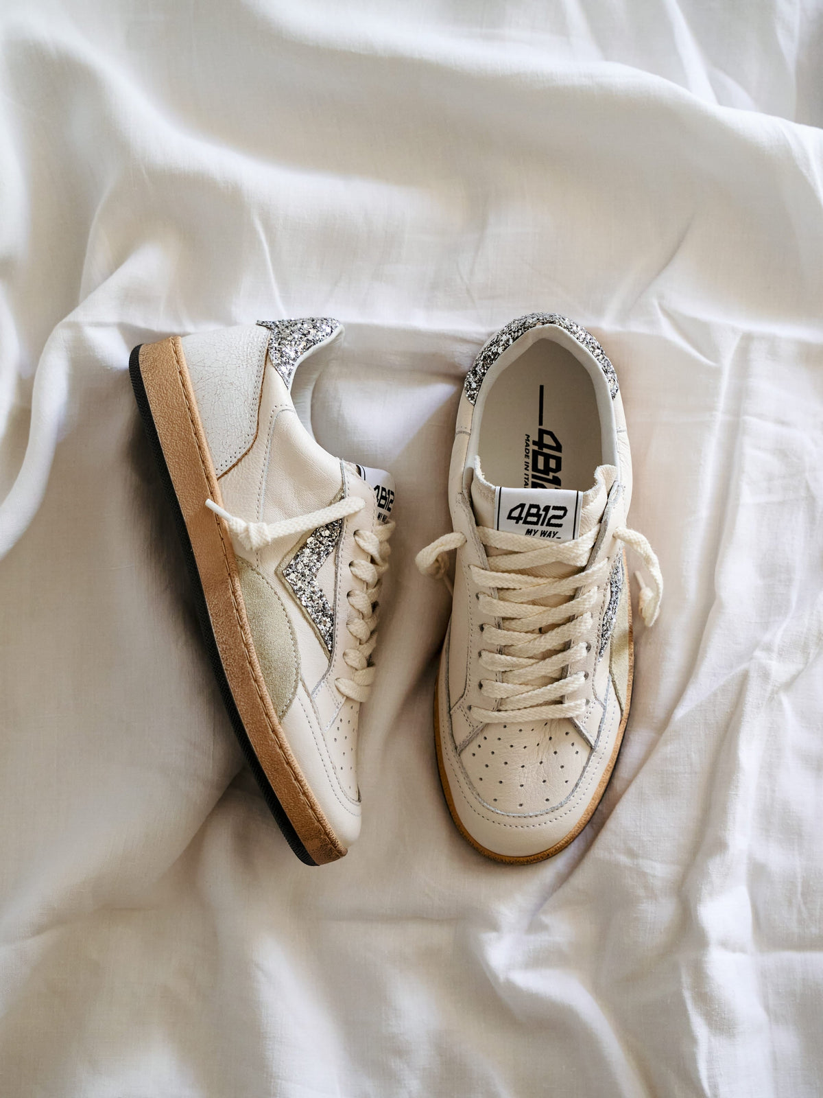 Sneaker PLAYNEW in Pelle Bianca e Glitter Argento
