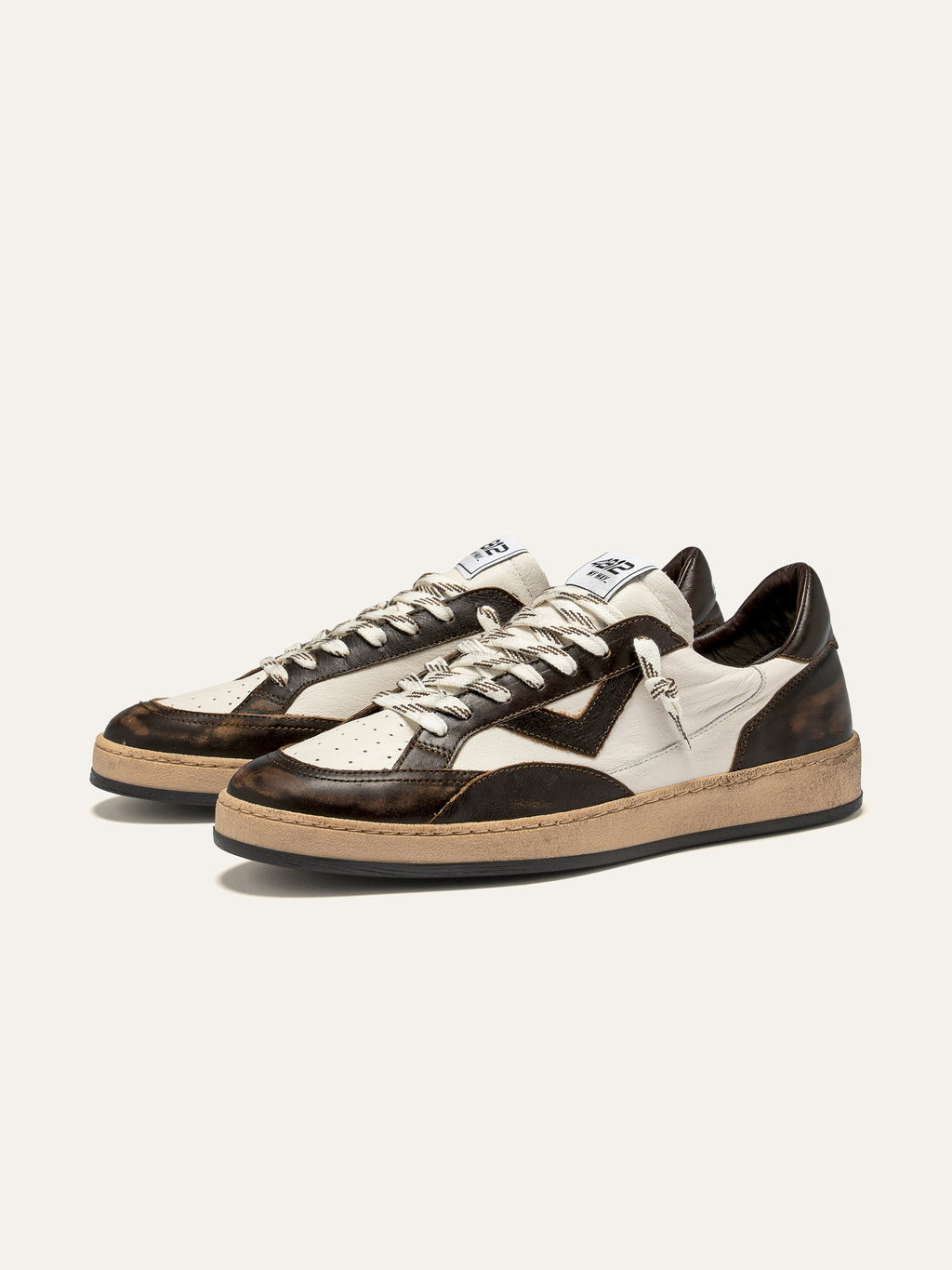 PLAYNEW Sneakers in White and Dark Brown Leather