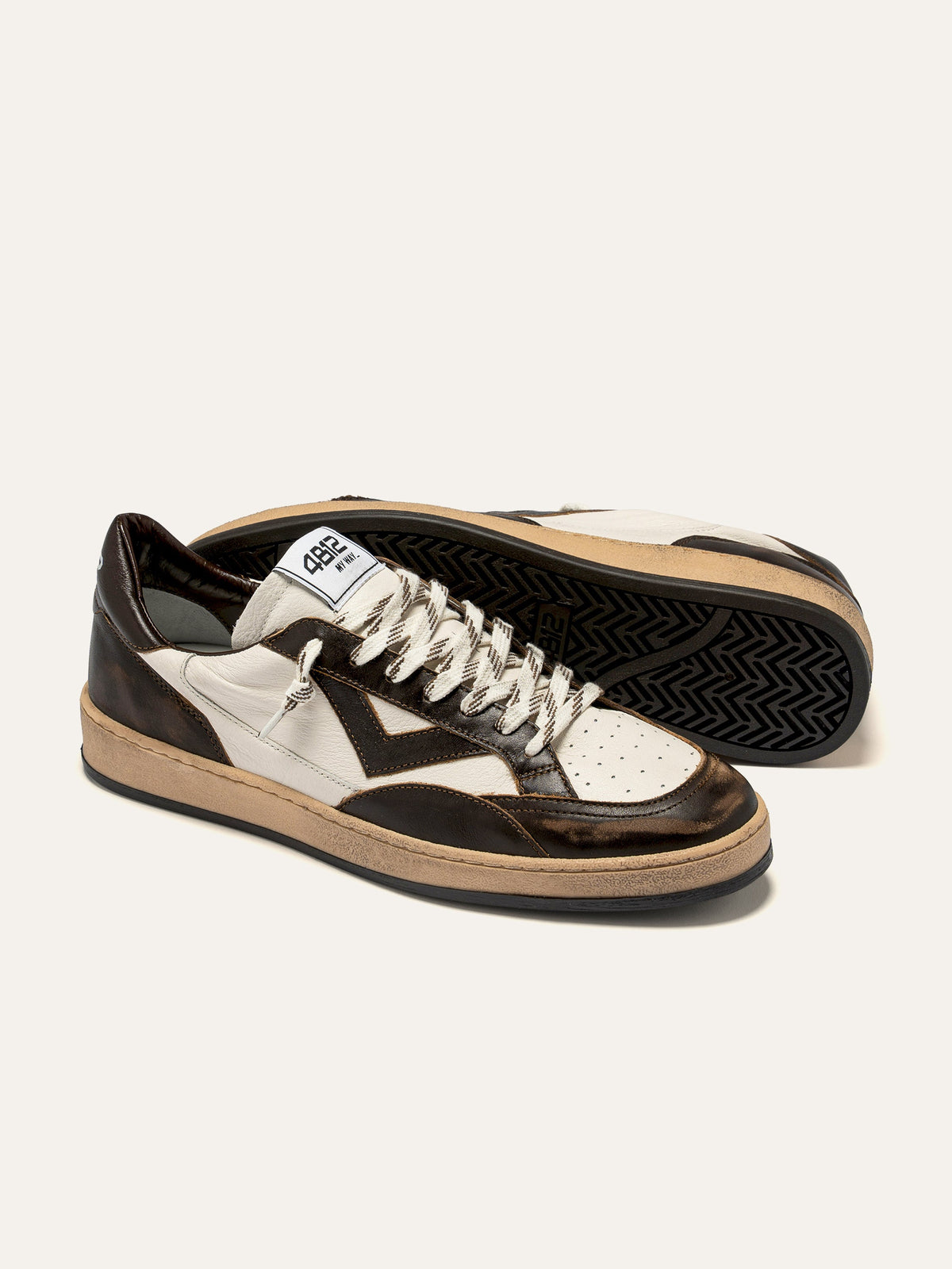 PLAYNEW Sneakers in White and Dark Brown Leather
