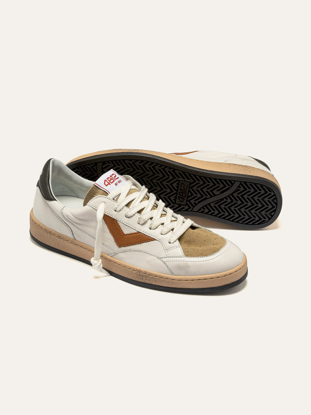 PLAYNEW Sneakers in White, Beige and Tan Leather